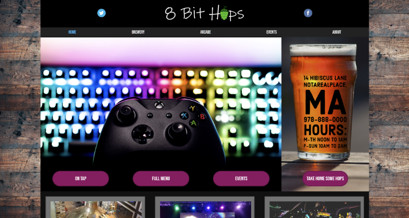a screenshot of the front page of a site mockup for 8 Bit Hops