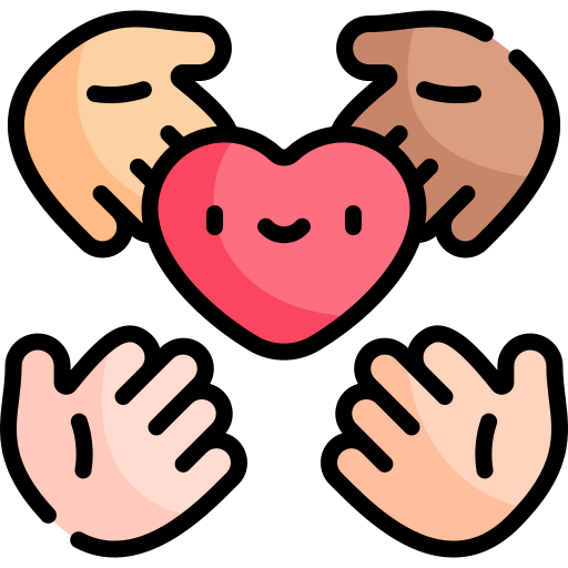 an icon, showing a smiling heart in the middle of four outstretched hands. each hand has a different skin tone.