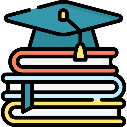 an icon of a stack of books, with a graduation cap on top