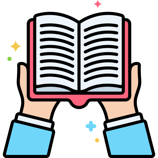 an icon showing two hands holding up a book, with multicolored sparkles around them