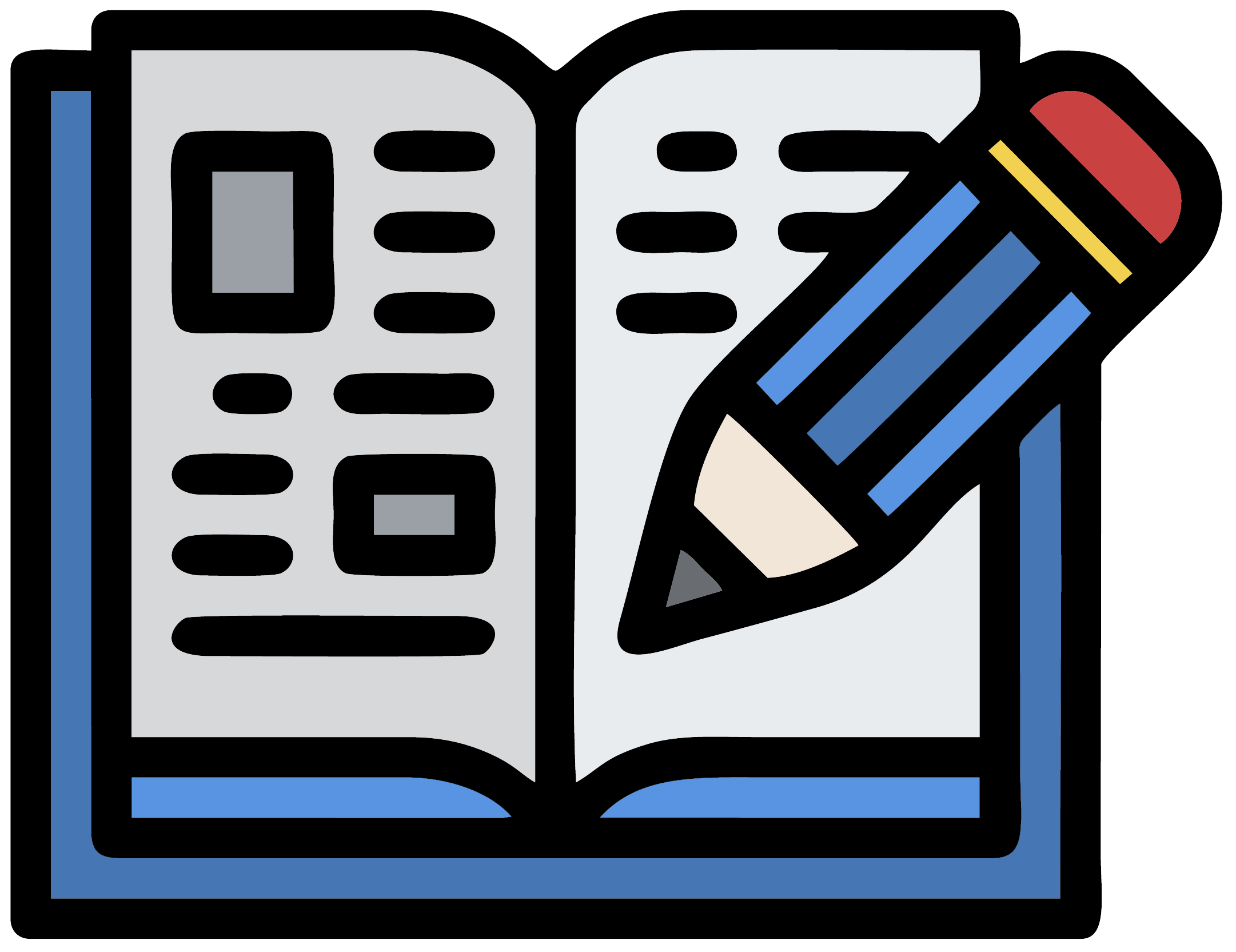 a vector image of an open book, with writing in it and a blue pencil laid on top of the pages