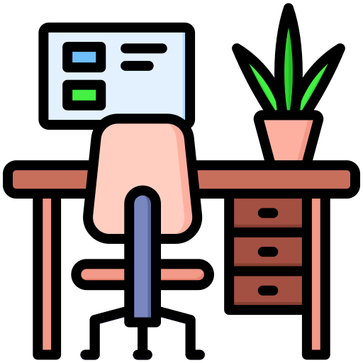 an icon of a desk, with a chair that is tucked in, a computer screen and a healthy plant